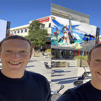 Meta Banner Behind Mark Zuckerberg original, left, and a meme version depicting a scene from an anime on the right.