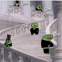 GM / Good Morning An example of an NFT "gm" meme depicting peepos in tuxes standing on an elaborate staircase.