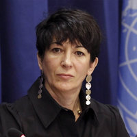 Ghislaine Maxwell photoshopped onto a background depicting a courthouse.