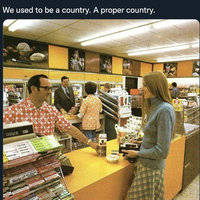 We Used To Be A Country. A Proper Country origin tweet depicting a scene from an American convenience store in the 1970s.