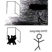 OMG X Hi meme format depicting a stick figure blushing as a kitty enters the doorway.