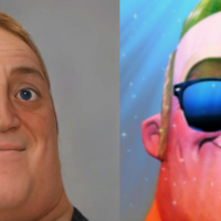 Mr. Incredible Becoming Ascended / Canny meme template and format depicting a realistic version of Mr Incredible and one with him wearing sunglasses being showered in sunlight.