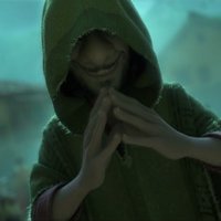 We don't talk about bruno meme depicting the character from Encanto with a hood and his hands placed together.