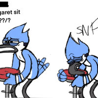 Oh Fuck Did Margaret Sit Here meme template and format depicting Mordecai from regular show sniffing a stool that Margaret sat in.