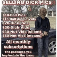 Selling Dick Pics / $10 Ball Pics meme format and example depicting a kid sitting against a car.