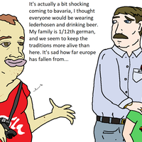 Awkward Foreigner / It's Actually A Bit Shocking Coming To Europe meme format and example depicting a stereotypical American tourist visiting Bavaria as a scared family looks worriedly at him.