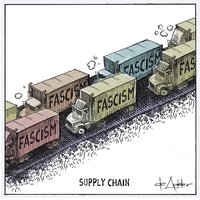 Supply Chain meme format and political cartoon showing trucks on a highway with the word "fascism" applied to their trailers.