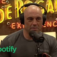 An image of joe rogan and the spotify logo in reference to the controversy over covid-19 misinformation and neil young.