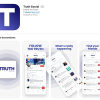 Truth social logo and screenshots of the app for an iphone.