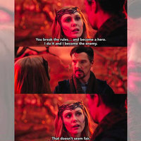 You Break The Rules And Become The Hero That Doesn't Seem Fair meme template and format depicting dr strange and wanda from the MCU.