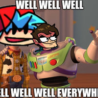 Well Well Well Eduardo meme depicting FNF characters Edd and Eduardo in the buzz lightyear everywhere meme format.