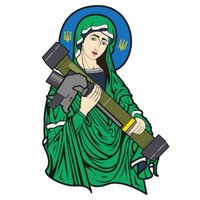 St. Javelin / Saint Javelin character depicting Madonna Kalashnikov holding a javelin missile, a symbol of Ukrainian resistance.