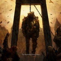 Dung Eater character from the video game Elden Ring depicting a man being hung from a gallows by a chain.