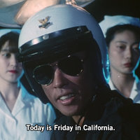 Today Is Friday In California Today Is Friday In California meme format and template depicting a scene from Ninja Sentai Kakuranger of a policeman wearing a helmet.