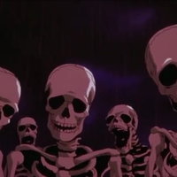 Hater Skeletons / You Should Have Died meme format and template depicting a group of red skeletons staring toward the viewer.