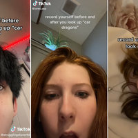 Before And After Looking Up Car Dragon meme and trend depicting three tiktokers reacting to the search.