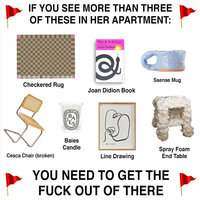 If You See More Than Three Of These In Her Apartment If You See More Than Three Of These In Her Apartment meme example depicting red flags and the caption You Need To Get The Fuck Out Of There.