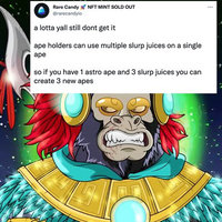 Slurp Juice Nft slurp juices meme depicting a grimacing monkey wearing feathers and armor with a tweet from @rarecandyio.