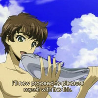 I'll Now Proceed To Pleasure Myself With This Fish I'll Now Proceed To Pleasure Myself With This Fish meme format and template depicting Suzaku from the anime Code Geass holding a fish.