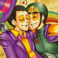 Selfcest fan art example showing the warden from Superjail with himself.