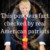 This Post Was Fact Checked By Real American Patriots This Post Was Fact Checked By Real American Patriots meme example depicting an image of Q superimposed on a picture of Donald Trump.
