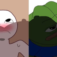 Boob Shadow Boob Shadow memes depicting the shadow of breasts and protruding nipples cast on top of a white blushing character and an obese pepe the frog.