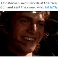 Hayden Christensen Said 6 Words at Star Wars Celebration Hayden Christensen Said 6 Words at Star Wars Celebration tweet and this is where the fun begins meme depicting anakin skywalker smiling.
