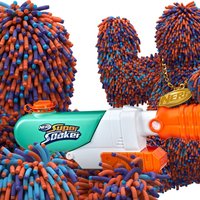 Two images of the nerf mascot murph holding a super soaker and wearing a gold chain.