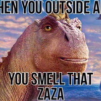 When You Outside And Smell That Zaza meme depicting an image of a dinosaur smiling strangely.