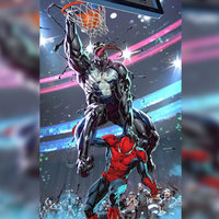Venom Dunking on Spider-Man meme and tiktok trend depicting venom dunking a basketball over the top of spiderman.