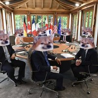 NAFO / North Atlantic Fella Organization Nafo meme / North Atlantic Fella Organization meme depicting a table of political leaders with cheems photoshopped on their heads.