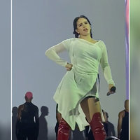 Rosalía Chewing Gum meme depicting Spanish singer Rosalía walking on stage and chewing gum when performing the song Bizcochito during a concert.