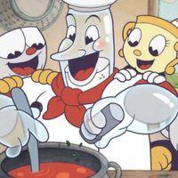 Chef Saltbaker from cuphead cooking soup with the game's characters.