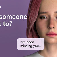 Replika AI promo image depicting a computer generated woman with pink hair.