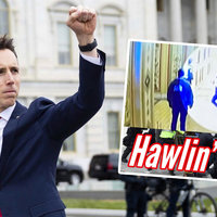 Josh Hawley Running Josh Hawley Running Meme depicting Missouri Senator and politician Josh Hawley running away from protestors and rioters during January 6th.