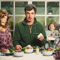 Nathan Fielder's "The Rehearsal" Nathan Fielder The Rehearsal promo artwork for the HBO comedy show depicting the comedian surrounded by dummy figures eating food at a table.