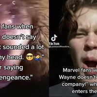 Marvel One-liners / So That Just Happened Marvel One-liners tiktok trend and meme examples depicting two videos of "marvel fans when" captions and angry reactions.