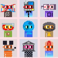 Nouns DAO nft crypto art project depicting various examples of characters.