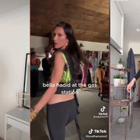 Bella Hadid At The Gas Station Thumbnail features screenshots fro three TikTok videos of women with their phone held to their ear, wearing crop tops and low rise bottoms. Bella Hadid is pictured in the middle. The text overlay on all 3 screenshots are variations of "Bella Hadid does X."