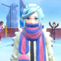 New Pokemon trainer Grusha with blue hair and a scarf standing in a snowy wintery environment.