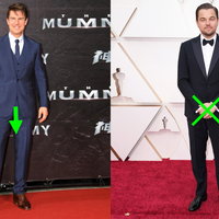 Cock Confidence vs Cock Shame meme example depicting a version of the green line test with a green down arrow on Tom Cruise's crotch, left, and a green X over Leonardo Dicaprio's, right.
