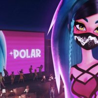 An image of Polar the Metaverse pop star and virtual singer with blue hair and a face mask.