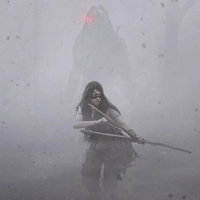 The Comanche woman Naru, played by Amber Midthunder, crouched in a foggy forest setting holding a bow and arrow with a predator behind her.
