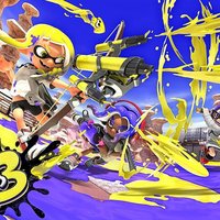 Splatoon 3 promo artwork for the video game depicting various characters shooting paint.
