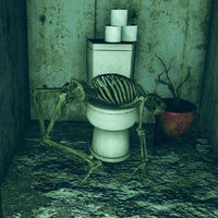 Environmental Storytelling Skeletons example depicting a skeleton laying on a toilet in a bathroom.