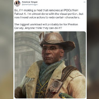 American Krogan Racist Mod Controversy American Krogan Racist Mod Controversy depicting an image of a tweet from fallout 4 and the character Preston Garvey.