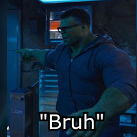 The Hulk Bruh meme depicting the marvel superhero played by mark ruffalo wearing a blue hoodie saying bruh from the she hulk tv series.