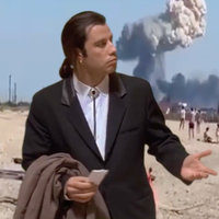 What Air Defense Doing? What Air Defense Doing meme from NAFO depicting Confused Travolta over an image of smoke billowing from an explosion on a Crimean beach.