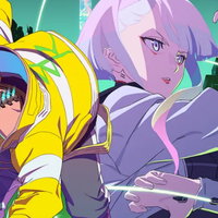 Cyberpunk Edgerunners promo artwork of two characters from the netflix anime series.