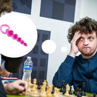 2022 Hans Niemann Chess Cheating Controversy 2022 Hans Niemann Chess Cheating Controversy depicting the chess champion during a tournament with a thought bubble photoshopped next to him picturing anal beads in reference to the conspiracy theory.